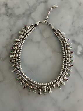 Sterling-Inspired Silver Beaded Choker with Green and Purple Accents